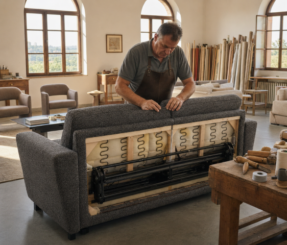 Artigiano al lavoro su un divano letto